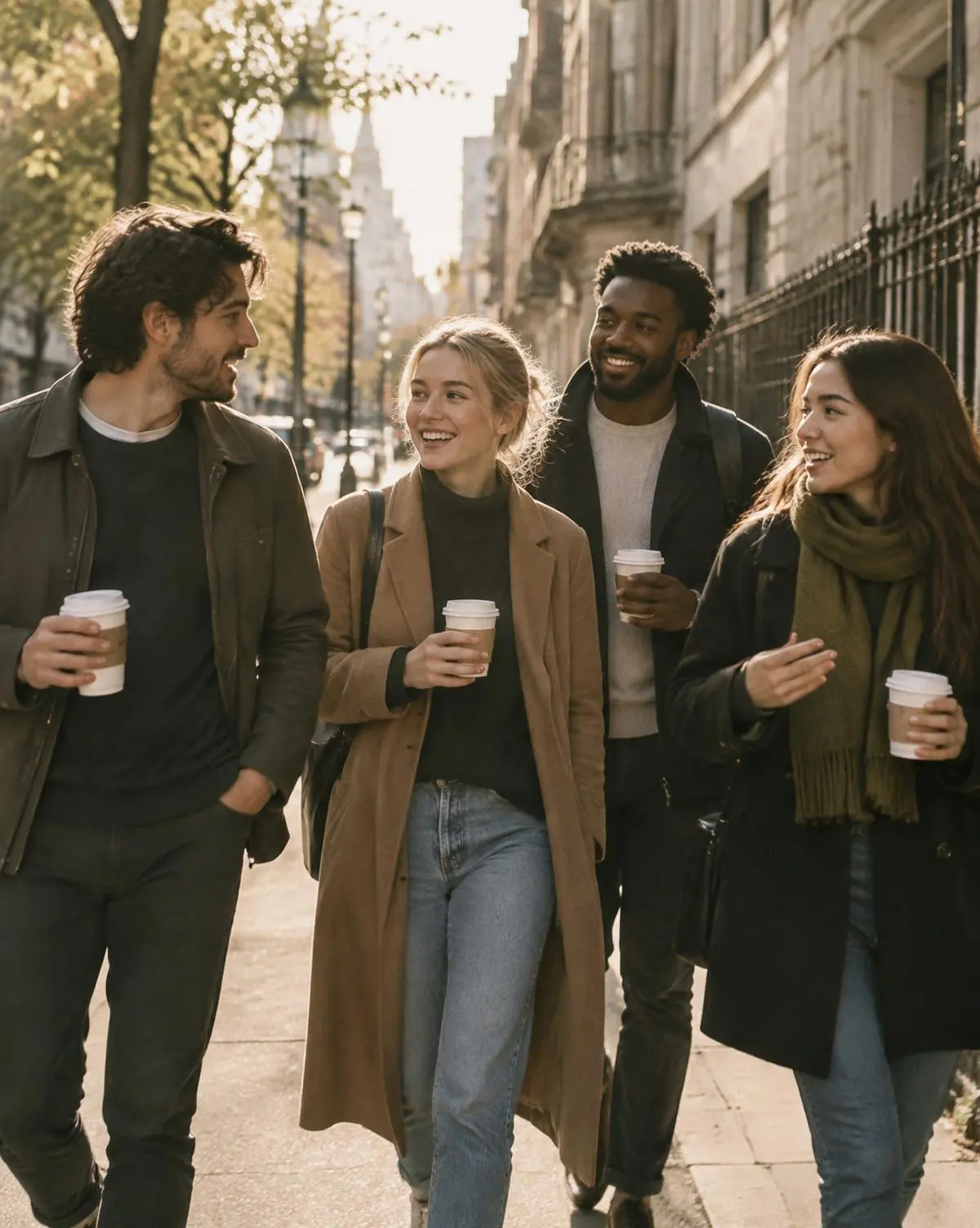 Four people walking and talking on a sunlit street